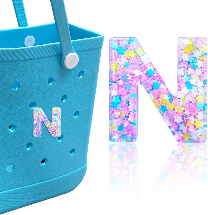 HLUWA Letter Charms for Bogg Bag, Alphabet Pink Star Sequin Lettering Accessories Charms for Bogg and Simply Southern Bag, Insert Decorative Letters Charm for Handbag Beach Tote Bag. - Image 1